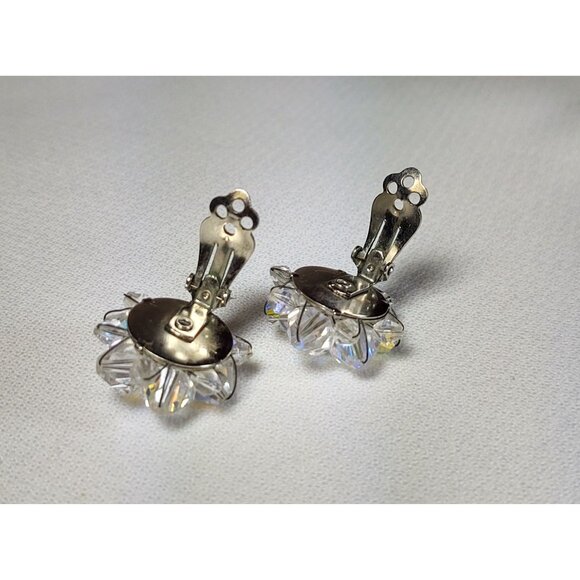 Aurora Borealis Crystal Cluster Clip On Earrings Vintage Mid 1900's - Picture 7 of 9